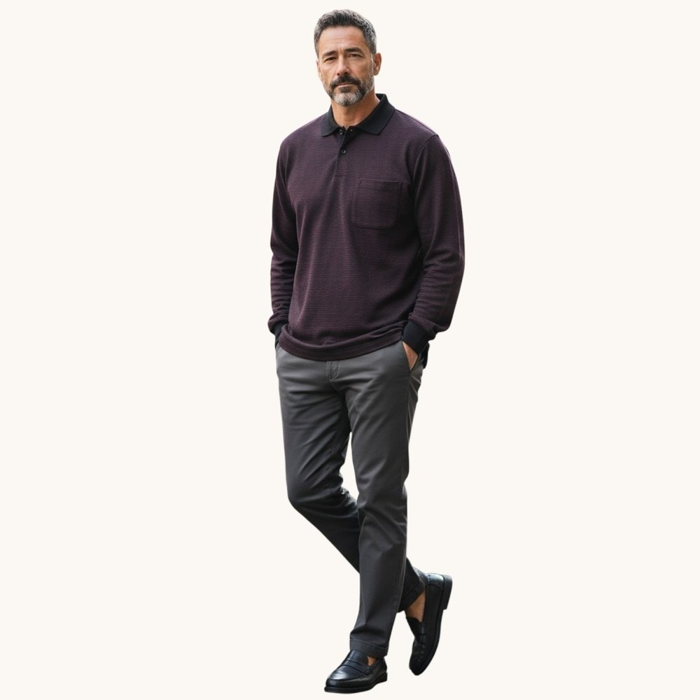 Yves Saint Laurent Polo Shirt 52 Burgundy Black Stripe‎ Long Sleeve YSL Pocket